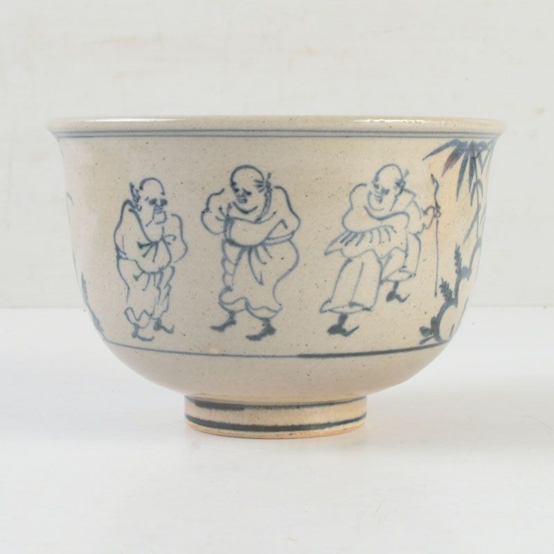 茶道具　膳所焼　淡海ぜぜ 陽炎園造　安南写七賢人絵　茶碗　共箱　N　5663 茶道具 膳所焼 淡海ぜぜ 陽炎園造 安南写七賢人絵 茶碗 共箱 N S509