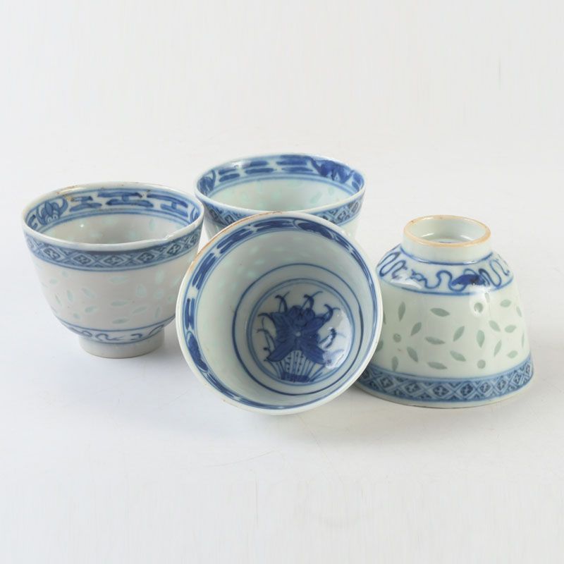 中国 康煕年製 青花花文 透蛍手煎茶碗 四客 M S 511