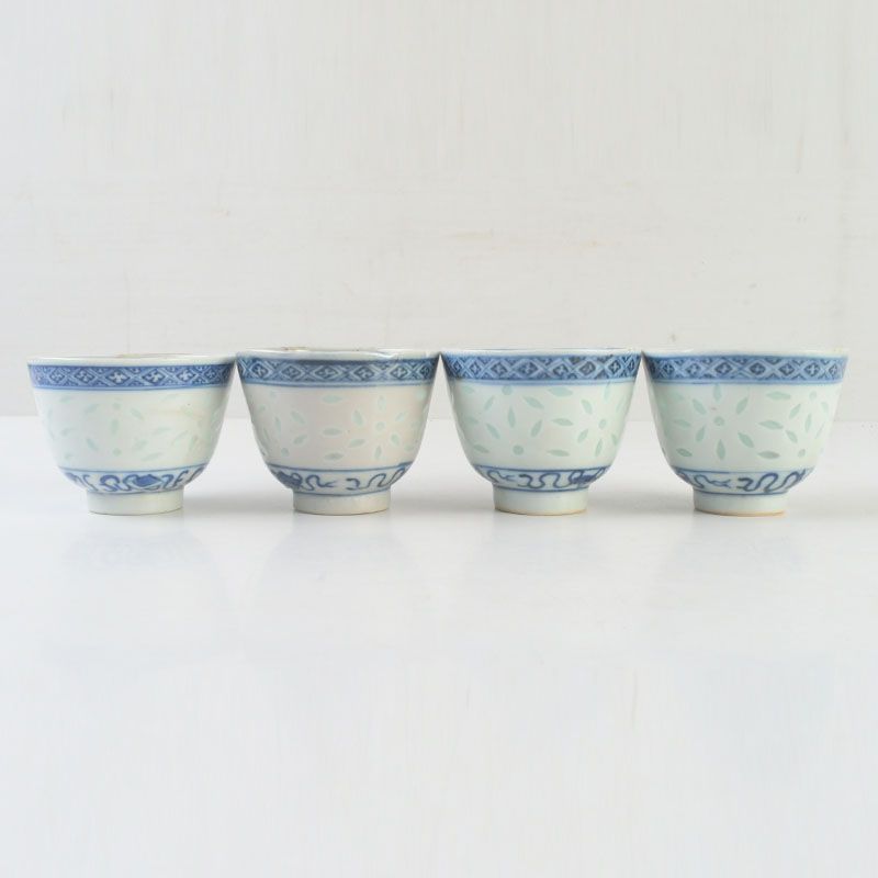 中国 康煕年製 青花花文 透蛍手煎茶碗 四客 M S 511