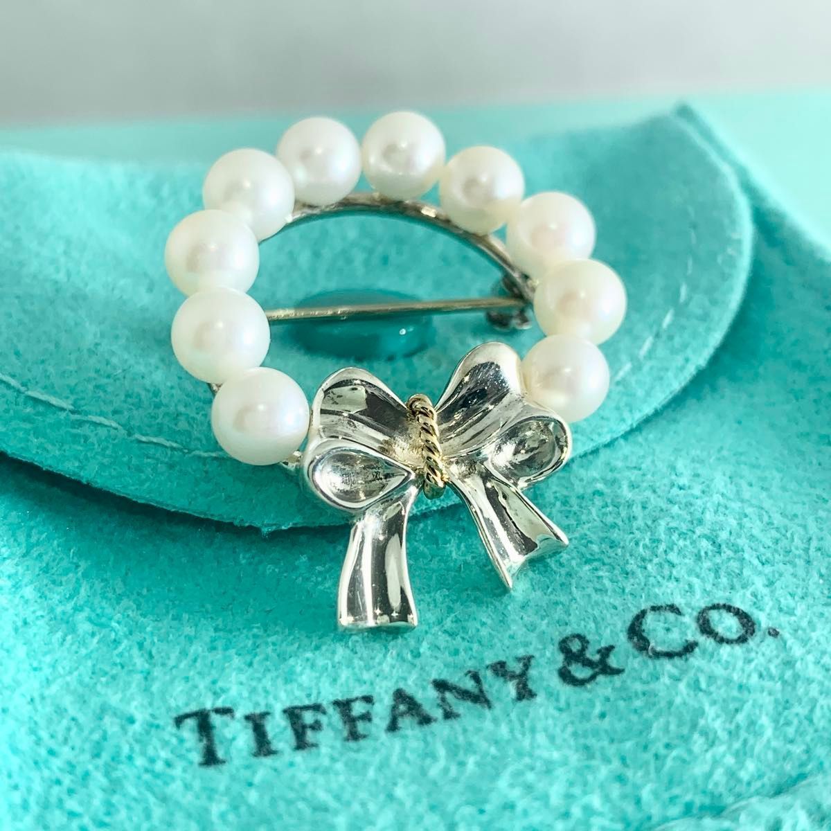 ティファニー パール リボン シルバー ブローチ リース WO 3 e