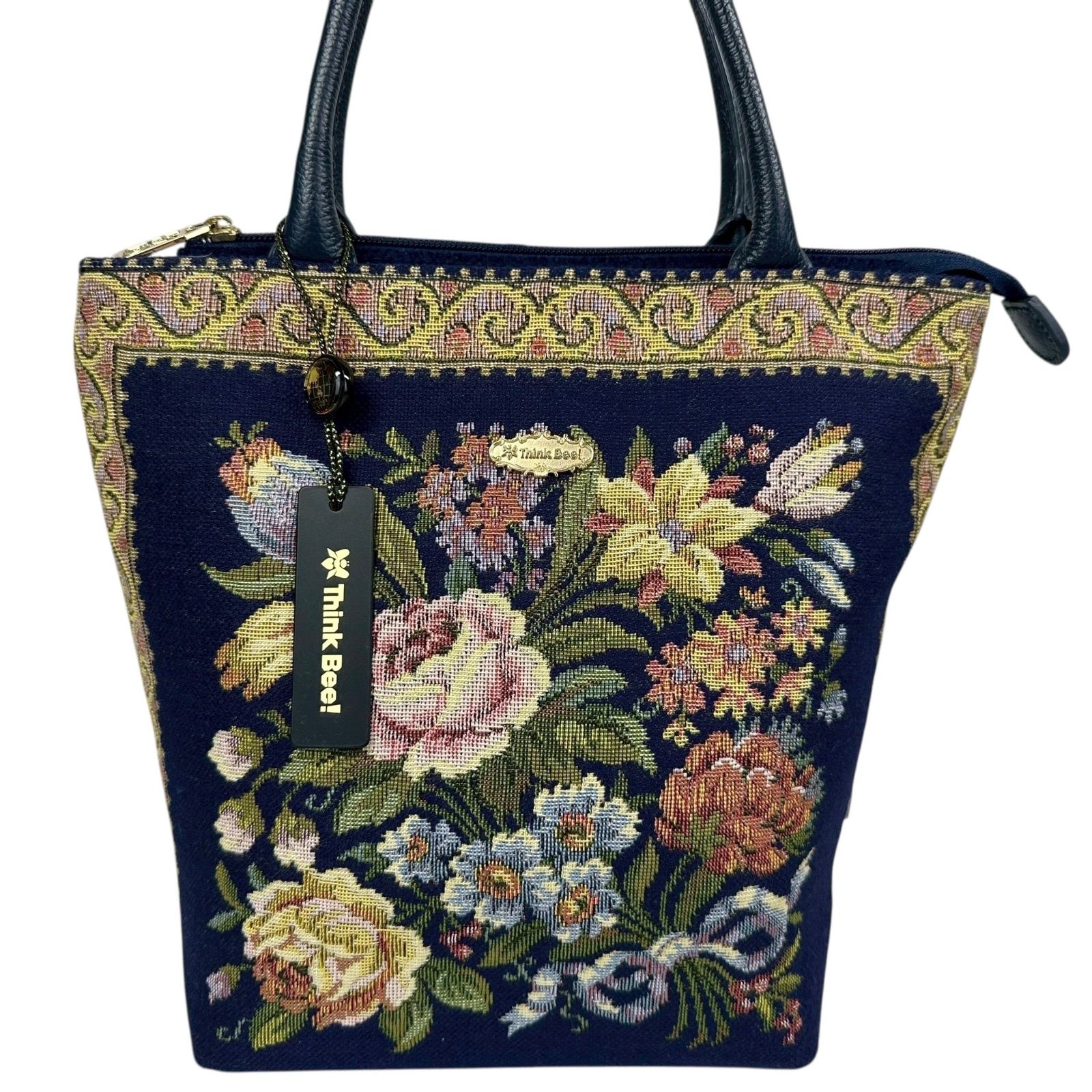 【美品】 Think Bee! ハンドバッグ 口金バッグ 花 ロゴプレート 本革 美品】 Think Bee! ハンドバッグ 口金バッグ 花 ロゴプレート 本革