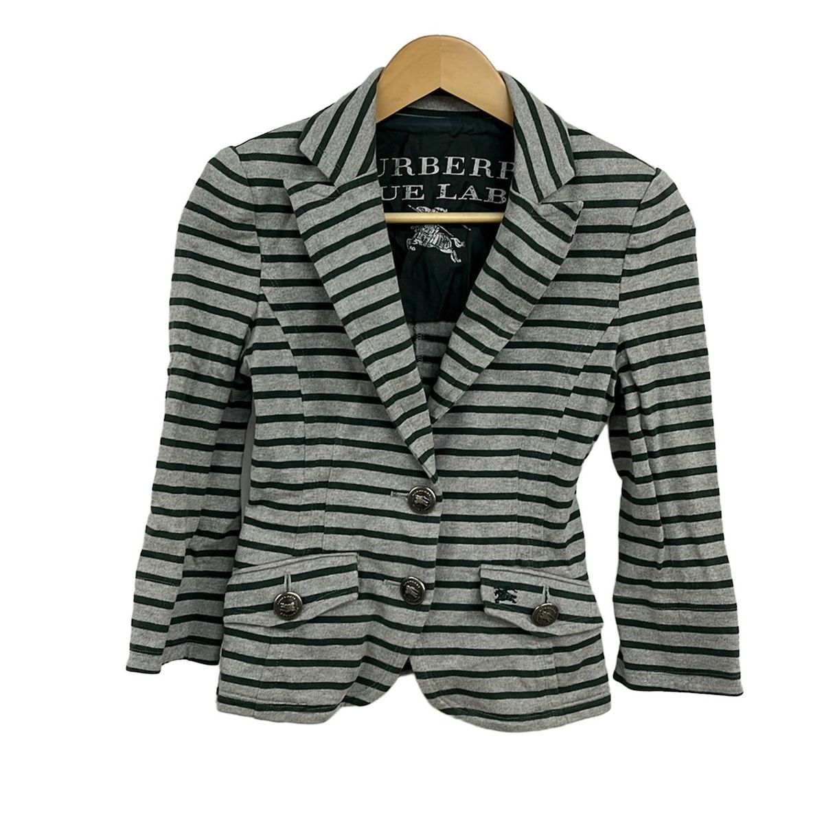 バーバリーブルーレーベル ジャケット サイズ38 M レディース グレー ダークグリーン 七分袖 ボーダー オールシーズン
