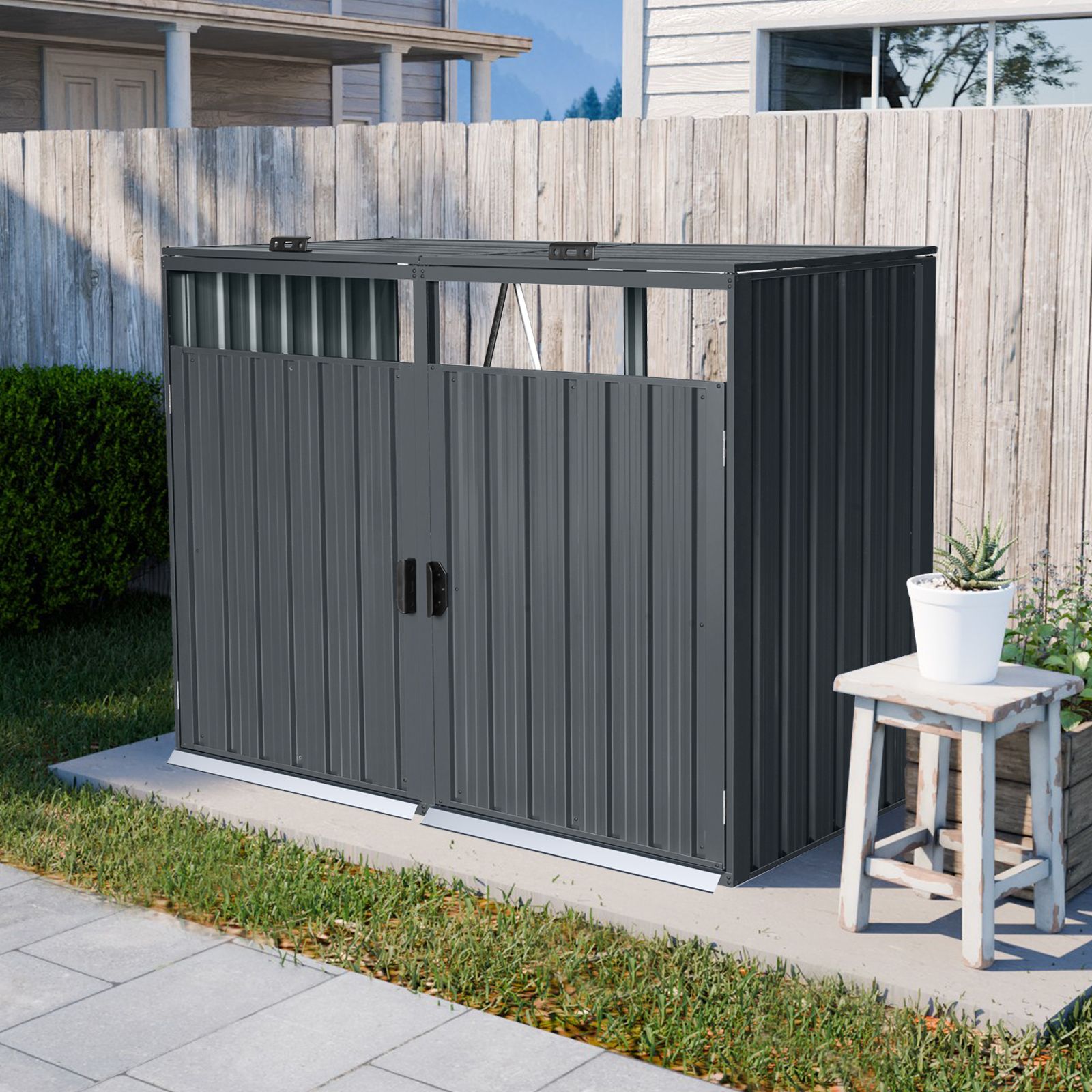 ゴミ収納庫 物置き 戸外収納庫 ゴミストッカー スチール 2分別 ゴミステーション 防さび 防水 施錠 ガーデニング 庭