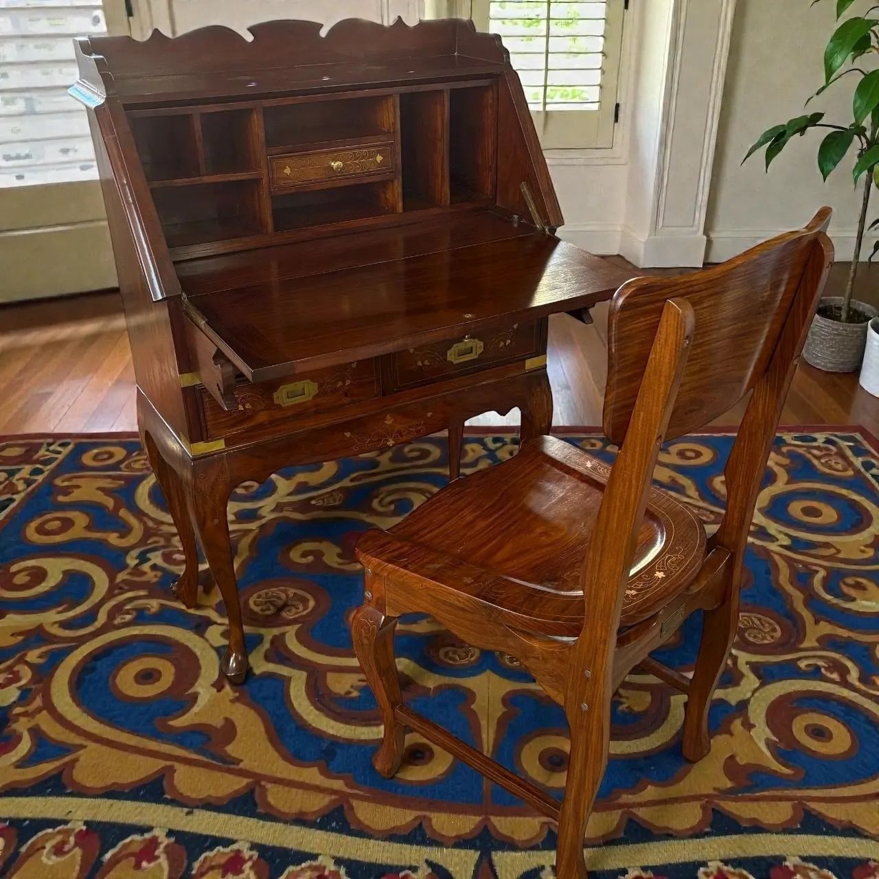 ADAM - ALAN アンティーク家具 パキスタン産 猫脚ライティングビューロー 椅子 セット Y 1-12181 G