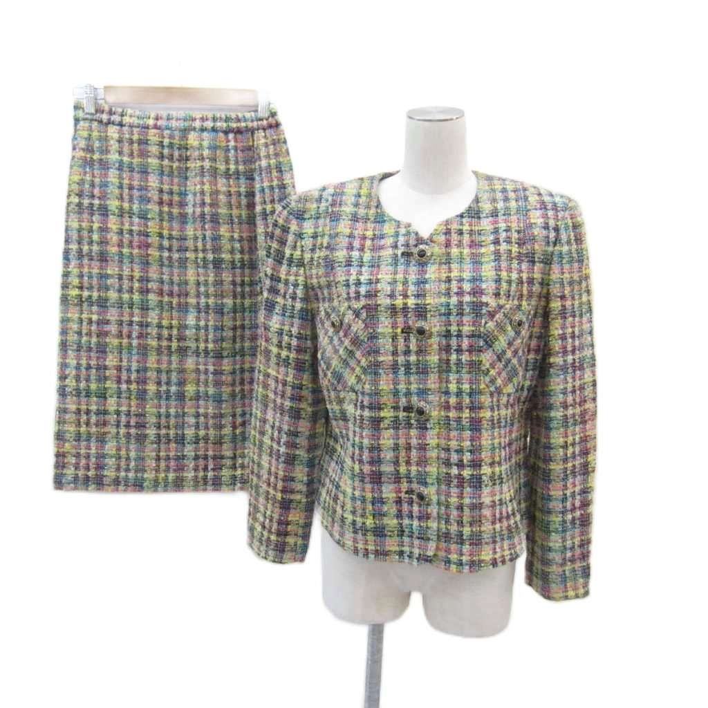 ハーディエイミス HARDY AMIES スーツ セットアップ 上下 ノー ジャケット ミドル丈 タイトスカート ミモレ丈 11 マルチ ツイード SY 21 GY 58