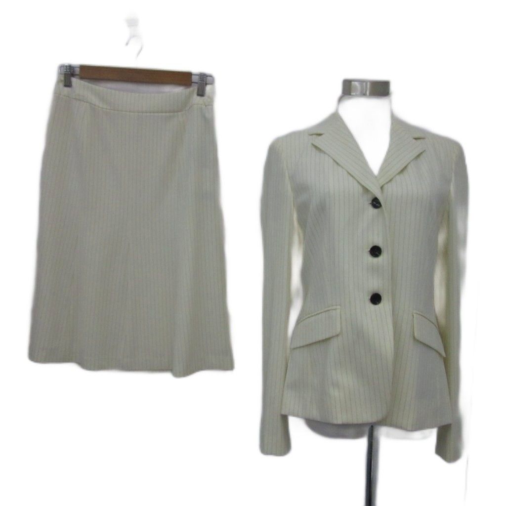 ダックス DAKS フォーマル セットアップ 上下 オープン ジャケット ミドル丈 フ スカート ミモレ丈 ストライプ柄 40 L 白 ホワイト YS 15 GY 58