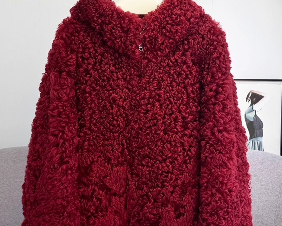  シープスキン ムートンコート レディース リアルファー 毛皮 コート フード付き ジャケット 赤 レッド ラムウール ジッパー ジップアップ 毛皮 ファーコート ジャケット アウター