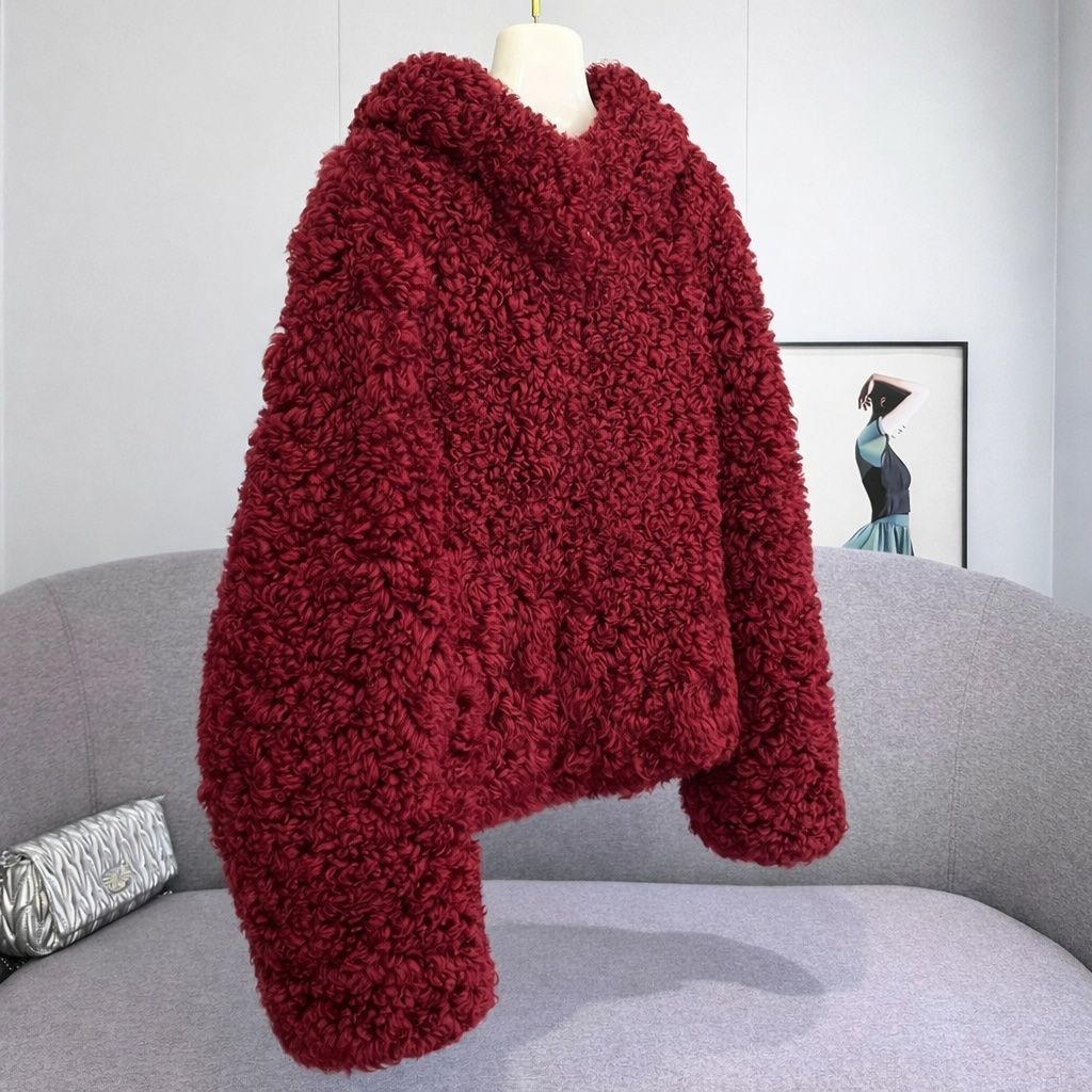 シープスキン ムートンコート レディース リアルファー 毛皮 コート フード付き ジャケット 赤 レッド ラムウール ジッパー ジップアップ