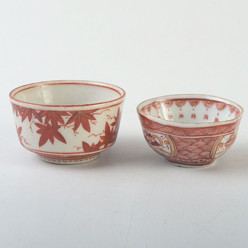 九谷焼　古九谷　赤絵金彩　花文　煎茶器　盃　五客　M　R9152 九谷焼 赤絵金彩 水注 九谷焼 赤絵 金彩 明治期 花 2客 金襴手 お猪口