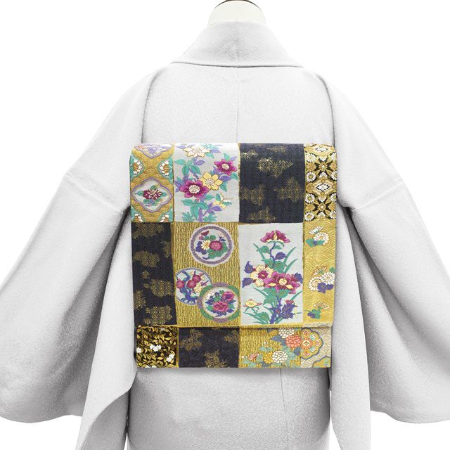 袋帯 リサイクル フォーマル 正絹 京都 西陣 じゅらく 帝王紫 金銀糸 金 銀 濃グレー 草花 華文 七宝 波 青海波 春 秋 冬 上質 仕立て上がり みやがわ sb 54909