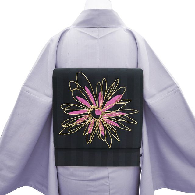 京袋帯 正絹 金糸 黒 紅紫 花 ストライプ 縞 デザイン カジュアル 春 秋 冬 上質 仕立て上がり みやがわ sb 54913