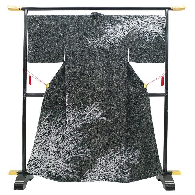 訪問着 着物 袋帯 ２点 セット 伝統工芸士 今井喜三郎 手染め 黒 立木 こげ茶 遠山 金通し 風景文 カジュアル さが美扱い 丹後ちりめん 春 秋 冬 上 仕立て上がり 身丈166 裄丈70 Ｌサイズ みやがわ sb 16790