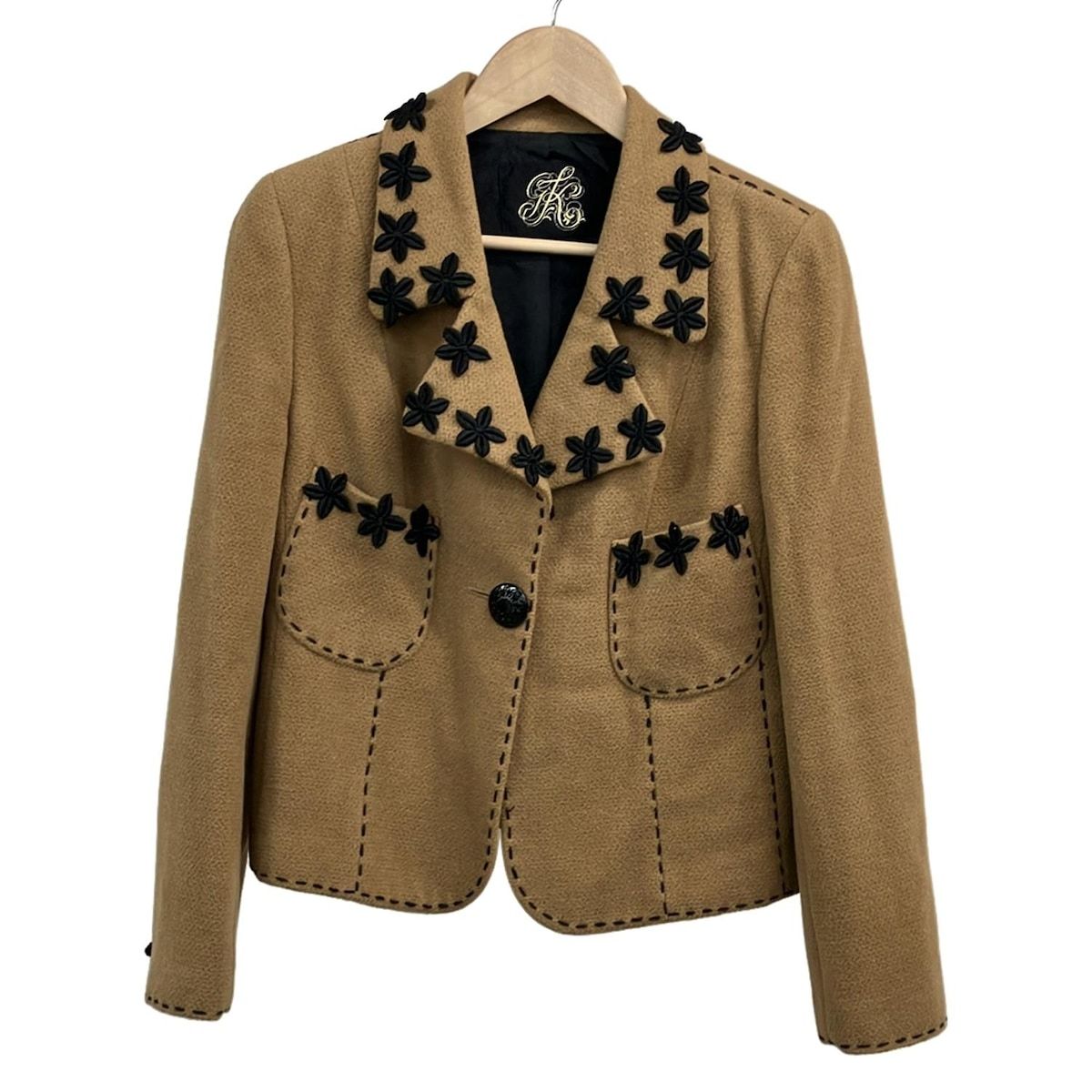 伊太利屋 イタリヤ ジャケット サイズ11 M レディース ベージュ 黒 長袖 ラインストーン 秋 冬