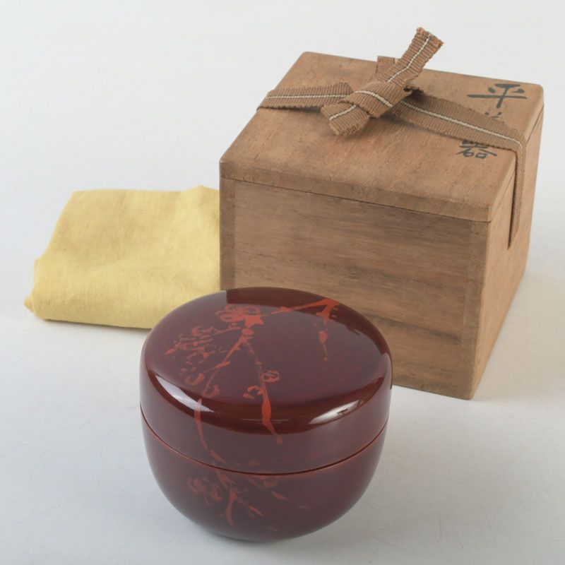 茶道具 漆塗 玉池老人 花草漢詩文 平茶器 棗 共箱 V S 521