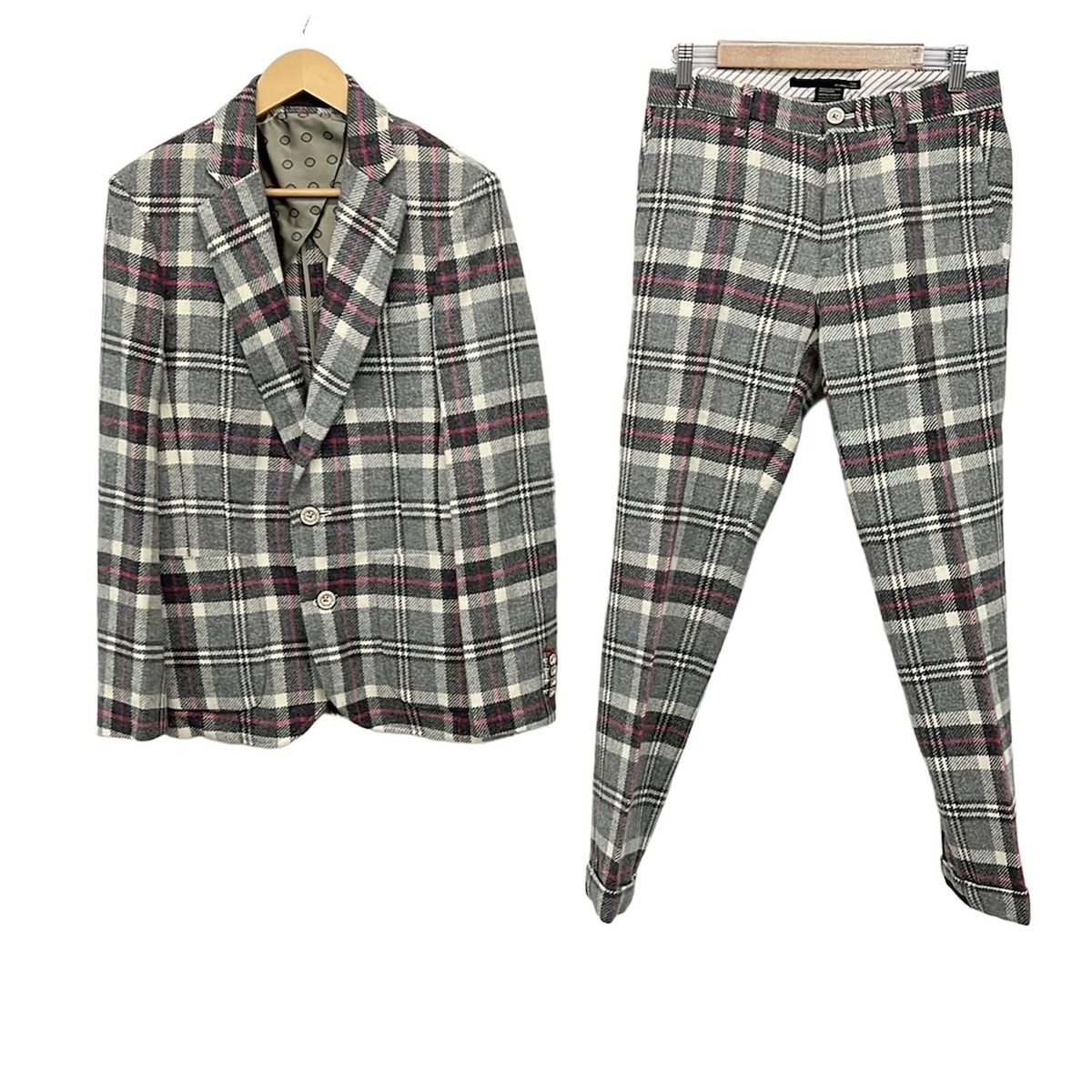 DOUBLE STANDARD CLOTHING ダブル クロージング メンズセットアップ メンズ - ピンク×ダークグレー×白 シングル ウール