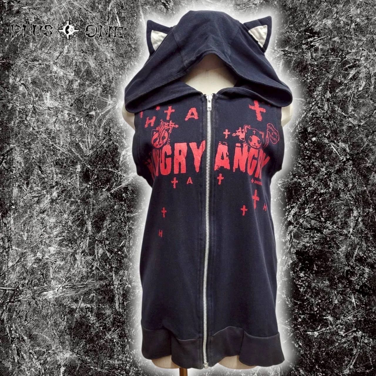 送料込【HANGRY&ANGRY】猫耳ジップ フード付き ベスト/ハングリー