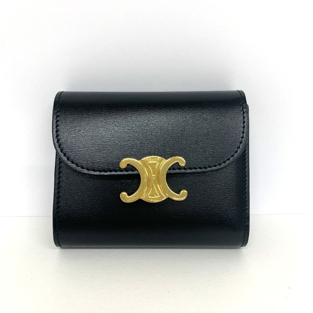 極美品✨セリーヌ トリオンフ スモールフラップウォレット ブラック　ゴールド金具 IT80711 セリーヌ 三つ折り財布 スモールフラップウォレット