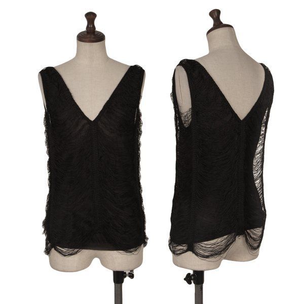ジャンポールゴルチエ マイユファムJean Paul GAULTIER MAILLE FEMME レーヨンフリンジデザインVネックノースリーブトップ 黒S
