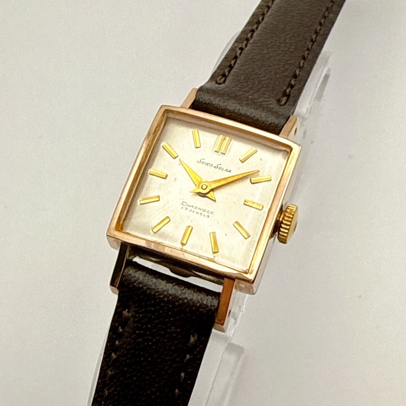 C 121 稼働 級 アンティーク ベルト SEIKO SOLAR セイコー ソーラー ゴールドメッキ スクエアケース 手巻き機械式 17石 レディースウォッチ