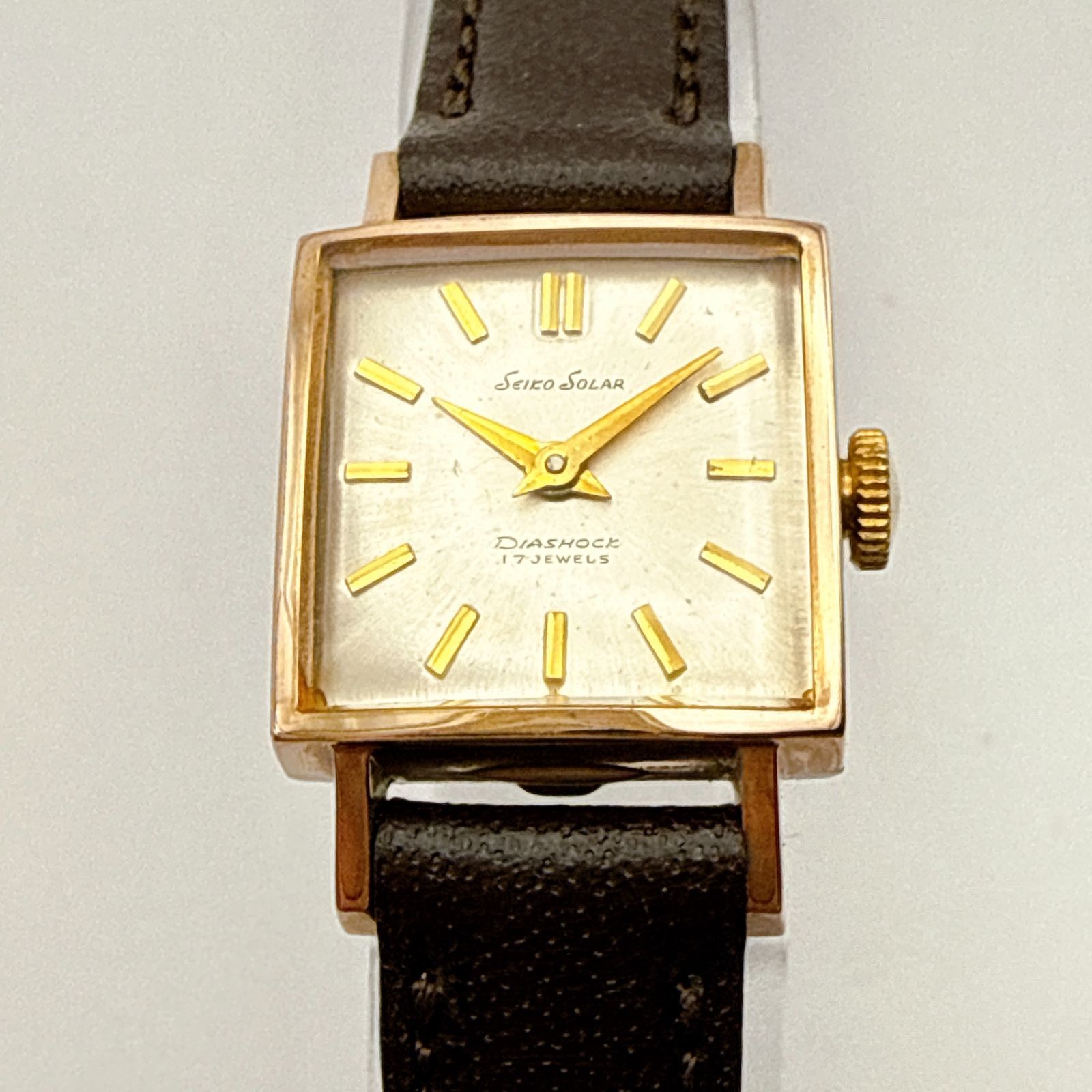 C 121 稼働 級 アンティーク ベルト SEIKO SOLAR セイコー ソーラー ゴールドメッキ スクエアケース 手巻き機械式 17石 レディースウォッチ