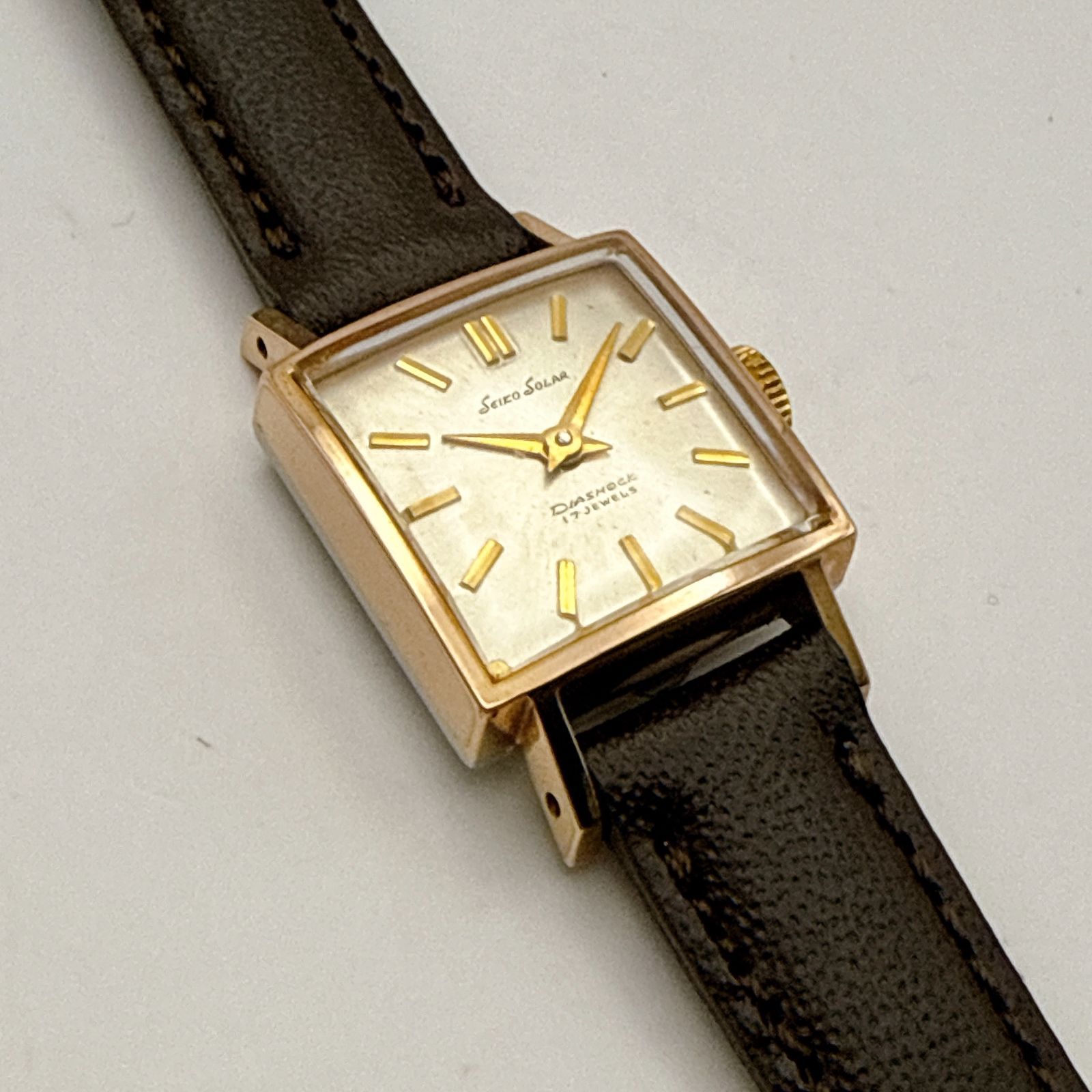  C 121 稼働 級 アンティーク ベルト SEIKO SOLAR セイコー ソーラー ゴールドメッキ スクエアケース 手巻き機械式 17石 レディースウォッチ 手巻き時計 腕時計(アナログ)