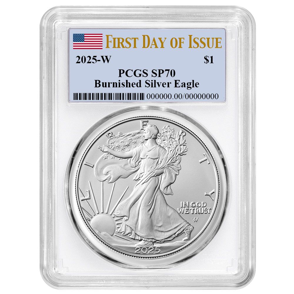 2025-W 1 1オンス バーニッシュド アメリカン シルバー イーグル PCGS SP 70 FDOI フラッグラベル ホワイト