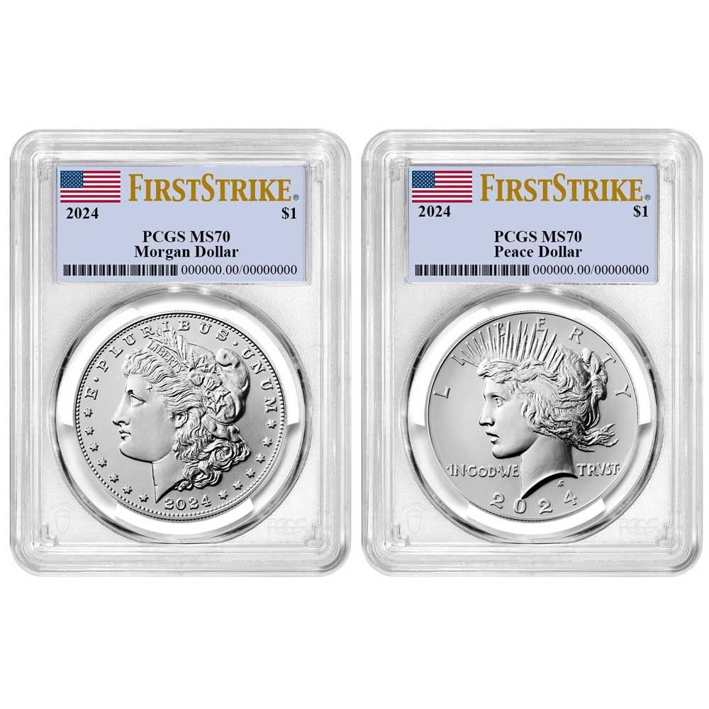 セット 1ドル モルガン＆ピース シルバーダラー PCGS MS 70 FS フラッグラベル