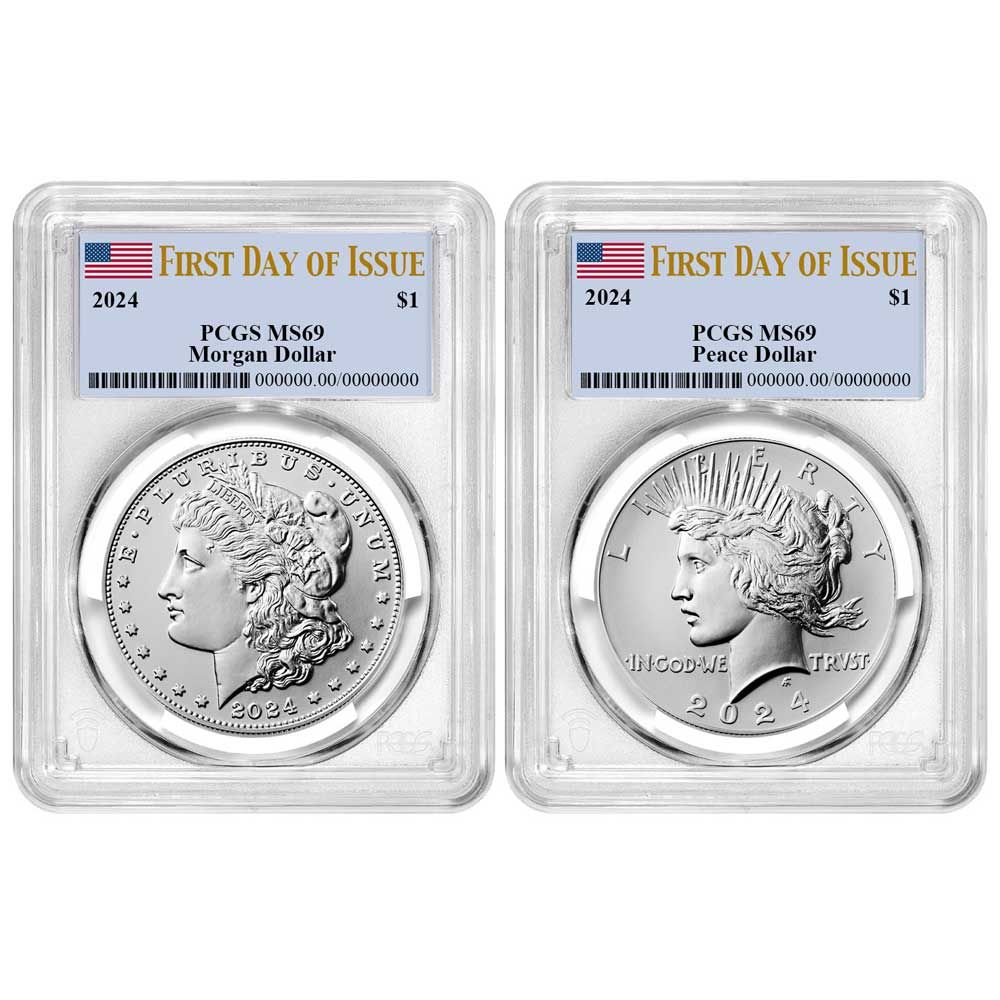 セット - 1ドル モルガン＆ピース シルバーダラー PCGS MS 69 FDOI フラッグラベル