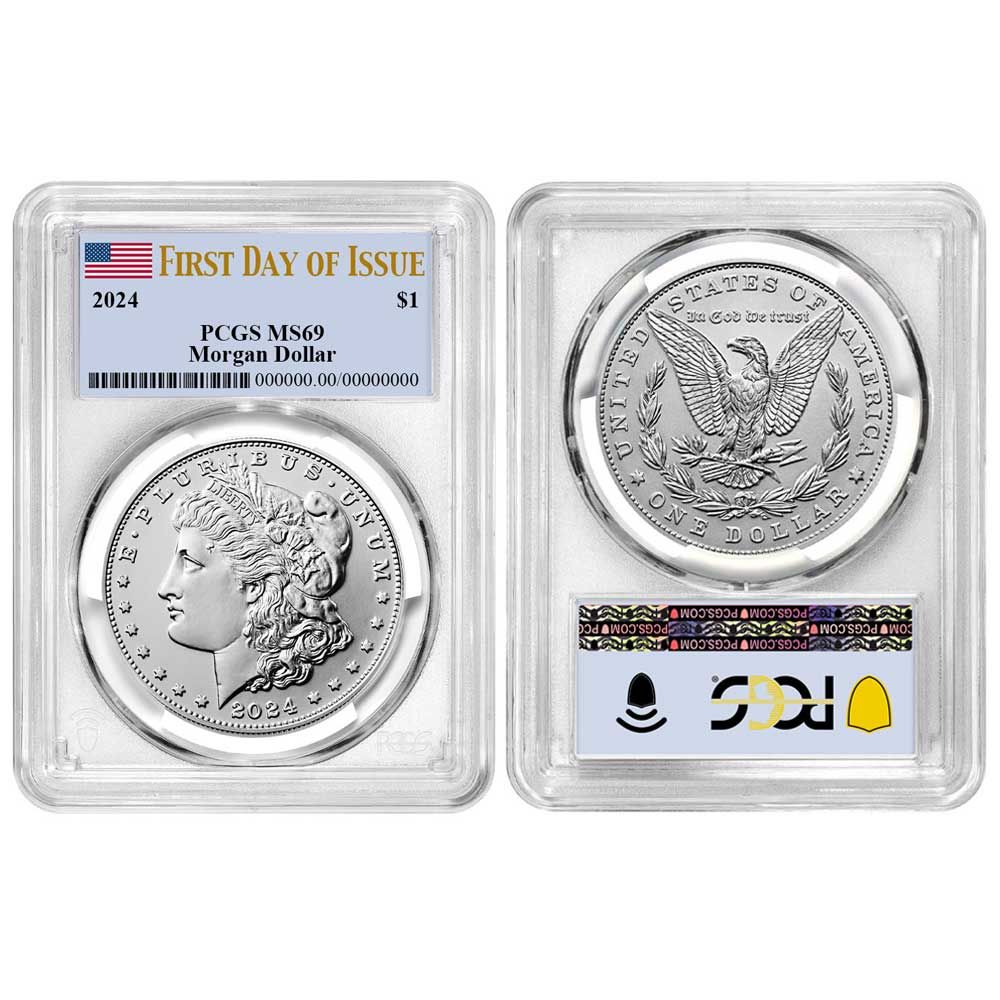 セット 1ドル モルガン＆ピース シルバーダラー PCGS MS 69 FDOI フラッグラベル