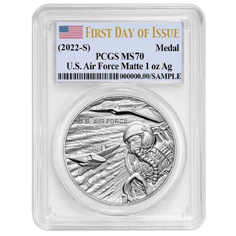 アメリカ空軍 1オンス シルバーメダル PCGS MS 70 FDOI 国旗ラベル