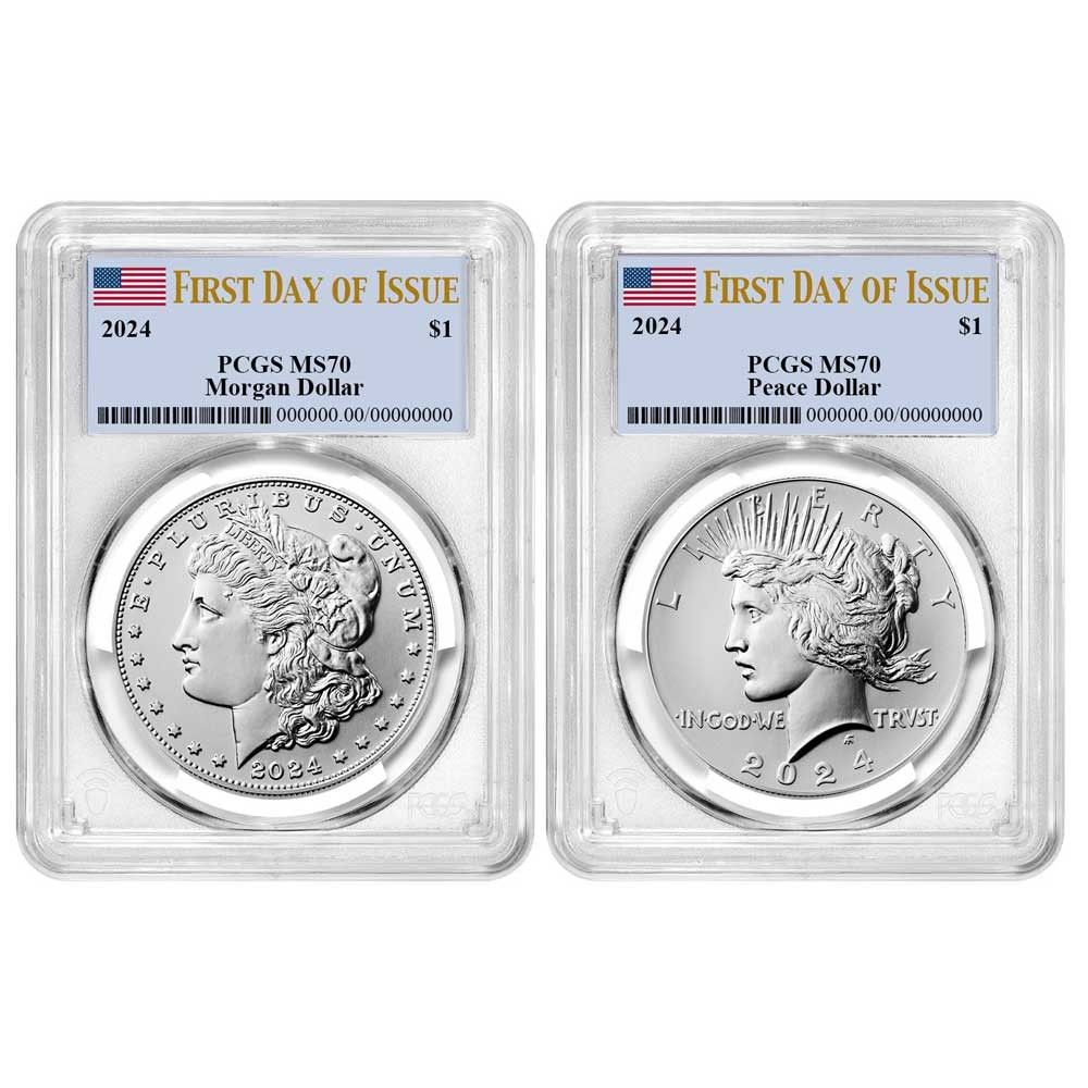 セット 1ドル モルガン＆ピース シルバーダラー PCGS MS 70 FDOI フラッグラベル