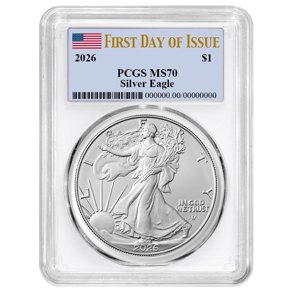 2026年 1ドル 1オンス アメリカンシルバーイーグル PCGS MS 70 FDOI フラッグラベル ホワイト