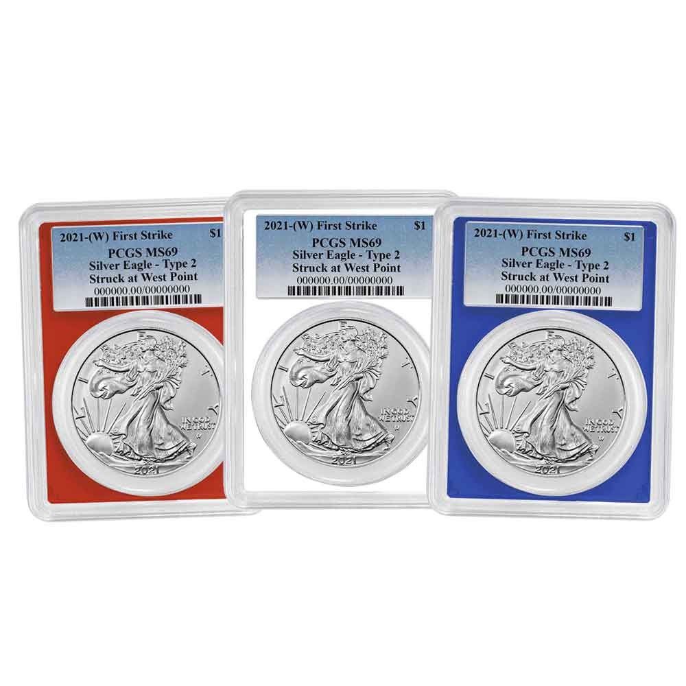 セット - 2021 W 1 1オンス T 2 アメリカンシルバーイーグル PCGS MS 69 FS ブルーラベル レッド