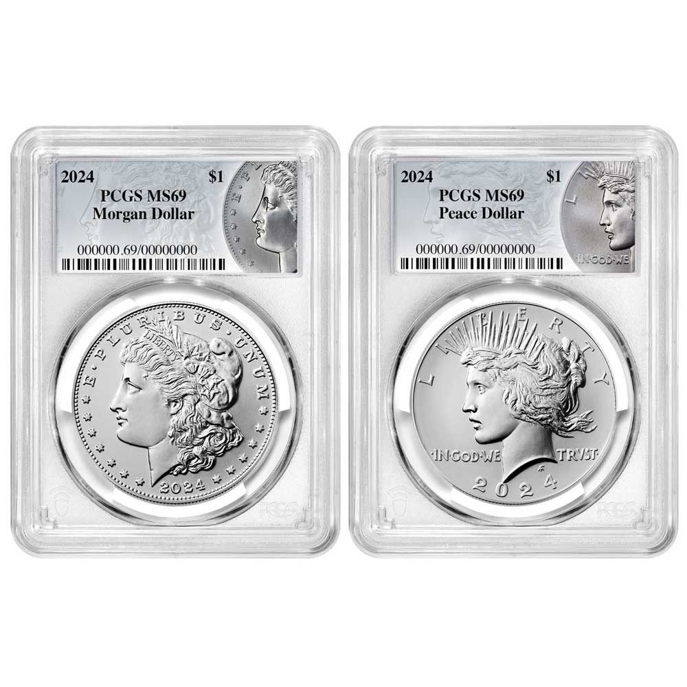 セット - 1ドル モルガン＆ピース シルバードル PCGS MS 69 モルガン ピース ラベル