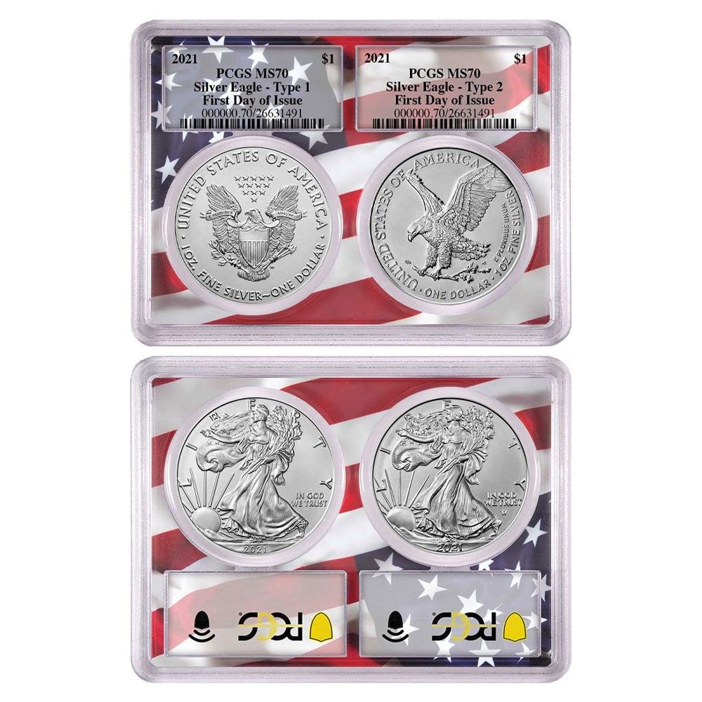 2021年 1 T 2 シルバーイーグルセット PCGS MS 70 FDOI 旗額縁
