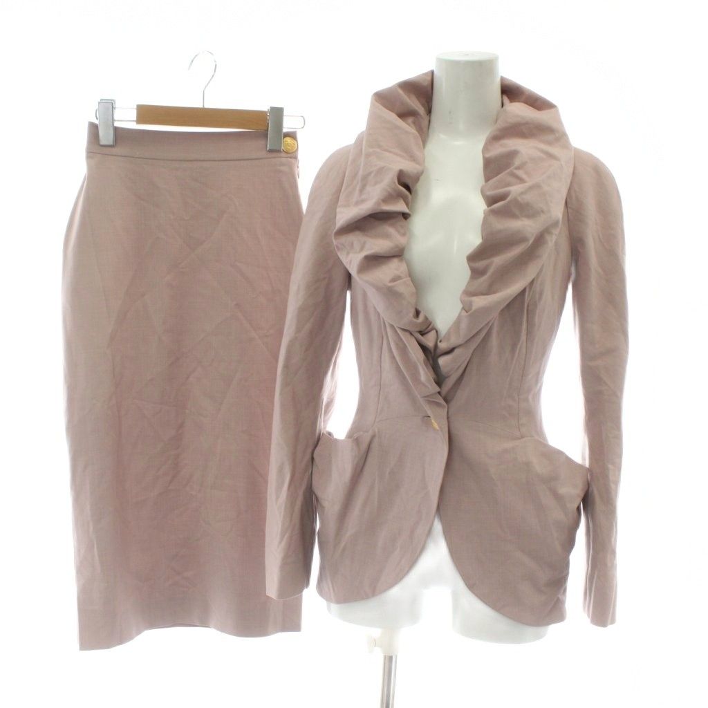 ヴィヴィアンウエストウッドゴールドレーベル Vivienne Westwood GOLD LABEL スーツ セットアップ 上下 テーラードジャケット シングル 1B 総裏地 金ボタン タイトスカート ひざ丈 ウール混 38 M ピンク XZ