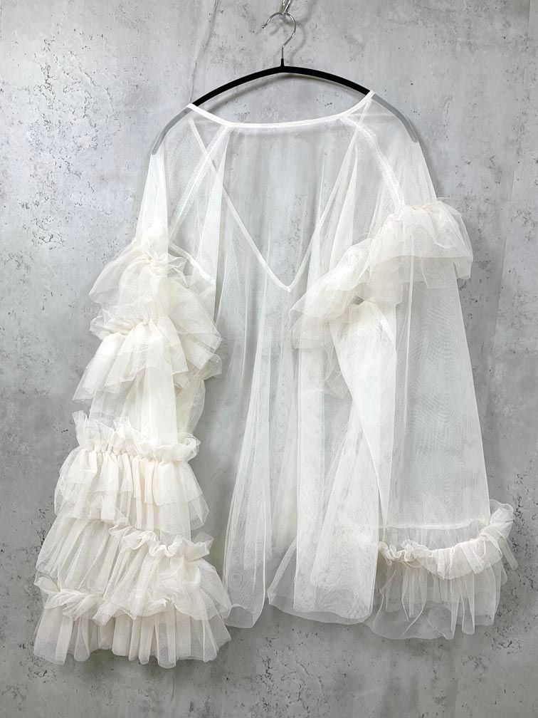 LA BELLE ETUDE ラベルエチュード 定価11400円 VネックボリュームチュールギャザーTOPS カットソー sizeF 白 レディース