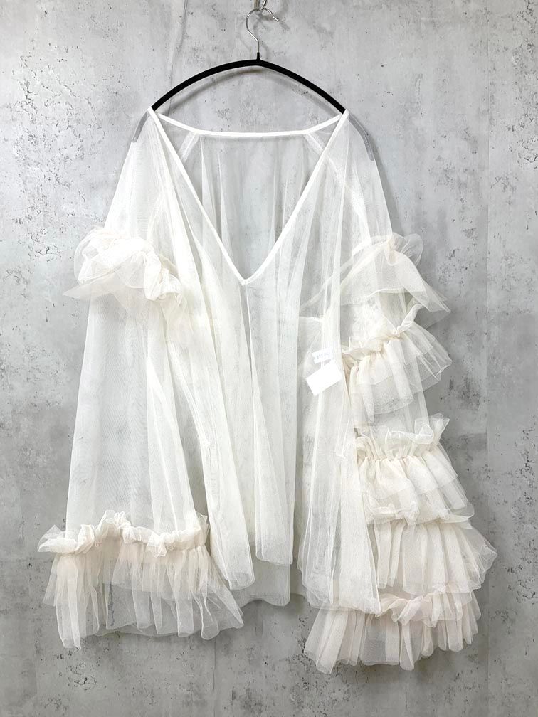 LA BELLE ETUDE ラベルエチュード 定価11400円 VネックボリュームチュールギャザーTOPS カットソー sizeF 白 レディース