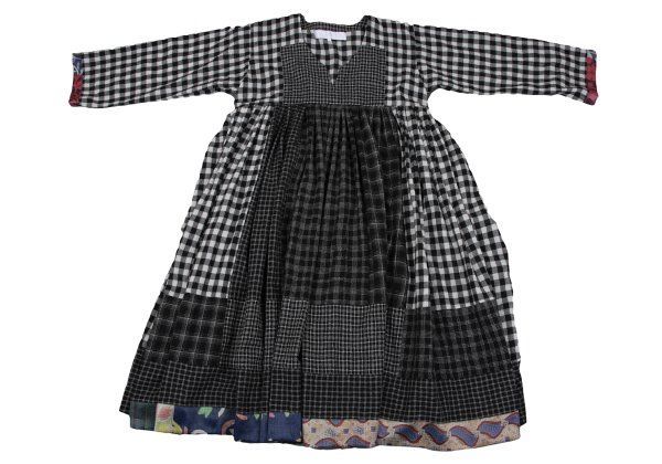 タオtao ウールポリチェックパターン切替ワンピース 黒オフ他S