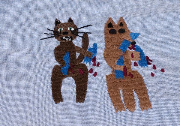 net コットンアニマル刺繍ボタンダウンシャツワンピース