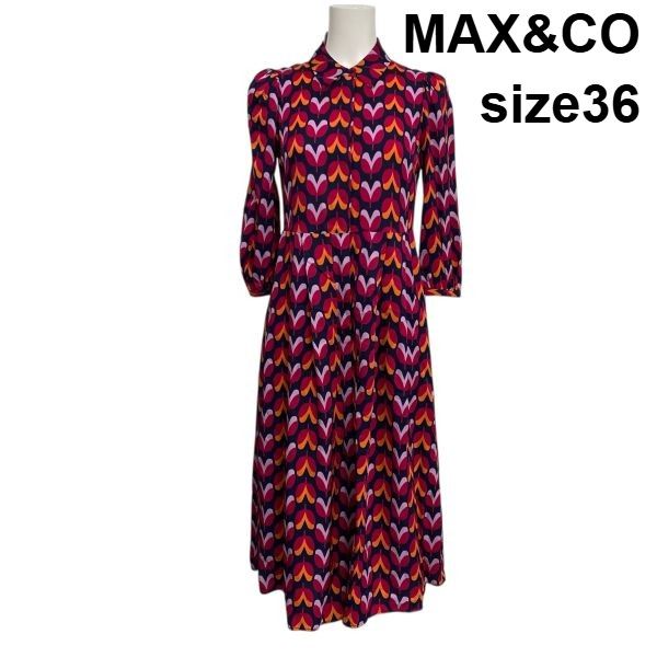マックスアンドコー MAX-CO ロングワンピース 長袖 レトロ柄 総柄 フ Aライン 赤系 マルチ 36 S 7号 レディース 5 Y 485