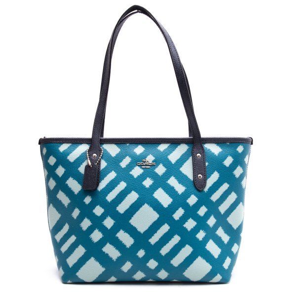 コーチCOACH ワイルドプラッドレザートートバッグ ターコイズ
