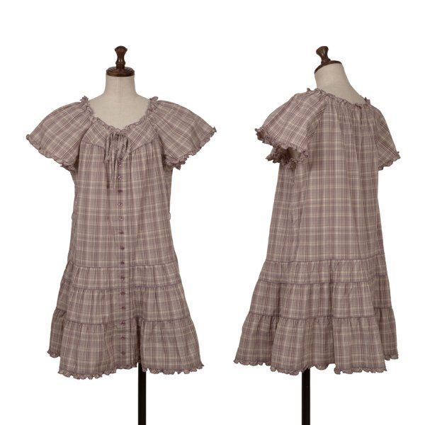 ピンクハウスPINK HOUSE オーバーチェックフリルブラウスチュニック 紫他M位