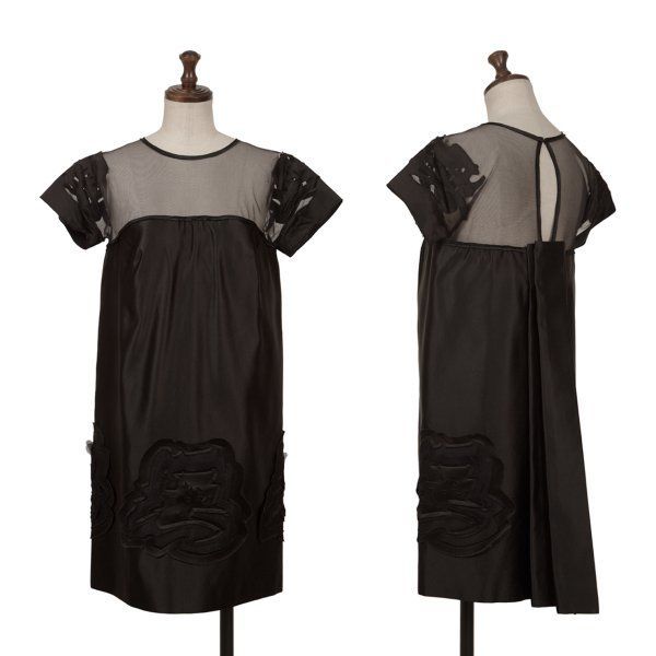 ヴィヴィアンタムVIVIENNETAM メッシュ切替文字パッチシルク半袖チュニック 黒