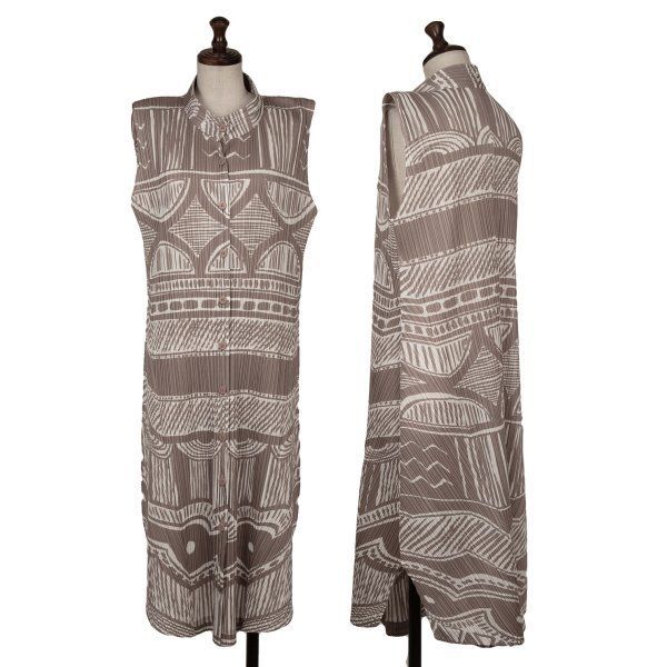 プリーツプリーズPLEATS PLEASE エスニックプリントバンド ノースリーブワンピース オフモカ4