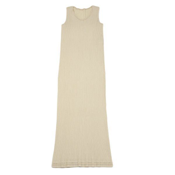 イッセイミヤケISSEY MIYAKE クレーププリーツ裾ホールデザインノースリーブワンピース ベージュM