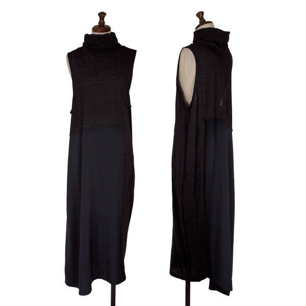 ワイズY s ニット切替クレープデシンノースリーブワンピース チャコール紺1