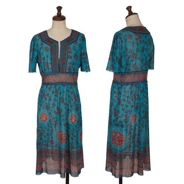 ヴィヴィアンタム ポリフラワープリントパッチデザイン半袖パワーネットチュニック ターコイズ他2