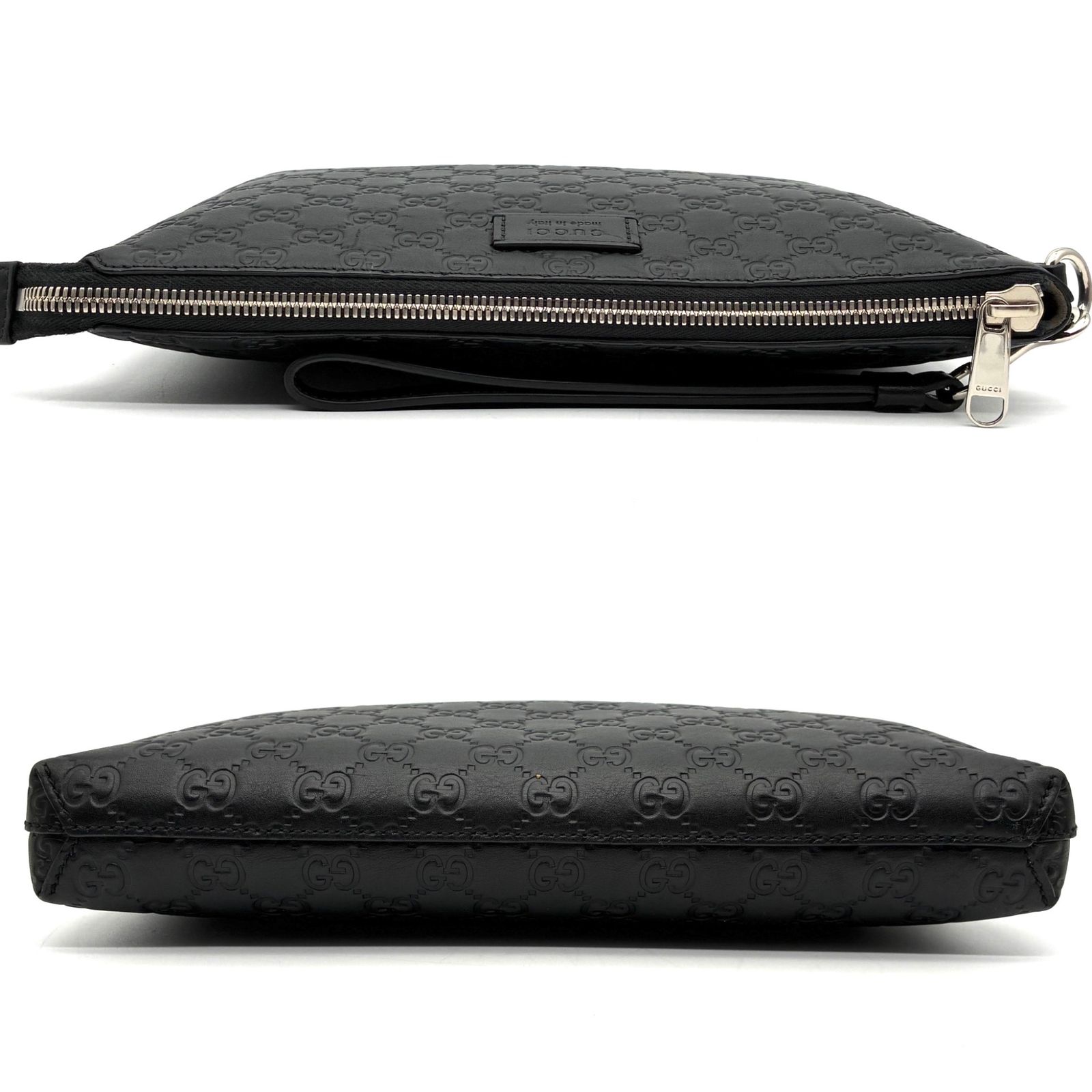 GUCCI グッチ GG シマレザー クラッチバッグ ロゴプレート 本革 メンズ ファスナー ブラック 肌触り良好 スラックス