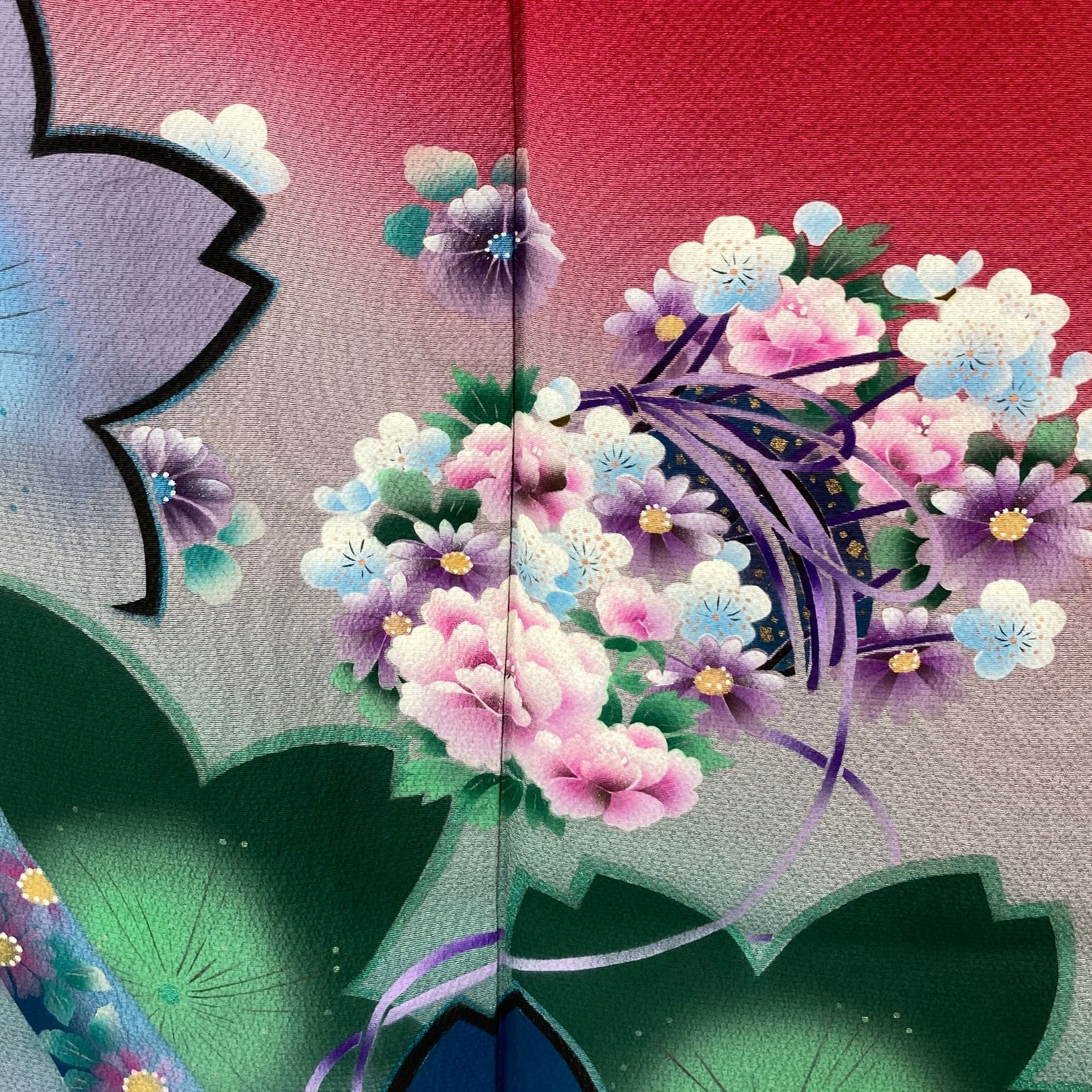 たんす屋 着物 リユース着物 振袖 深紅 フォーマル 花 鼓 雪輪 桜 袷 絹 未洗い 身丈 165.5 cm 裄丈 68.5 MS 7102